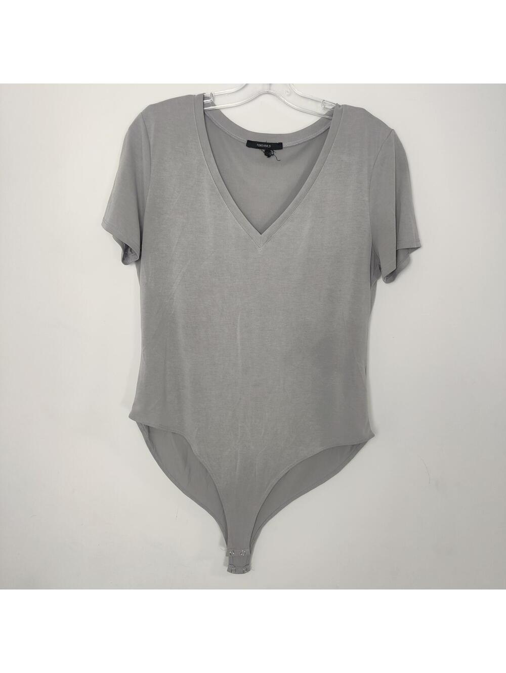 Forever 21 Women's Short Sleeve V-neck Body Suit in Gray Size Large Preppy